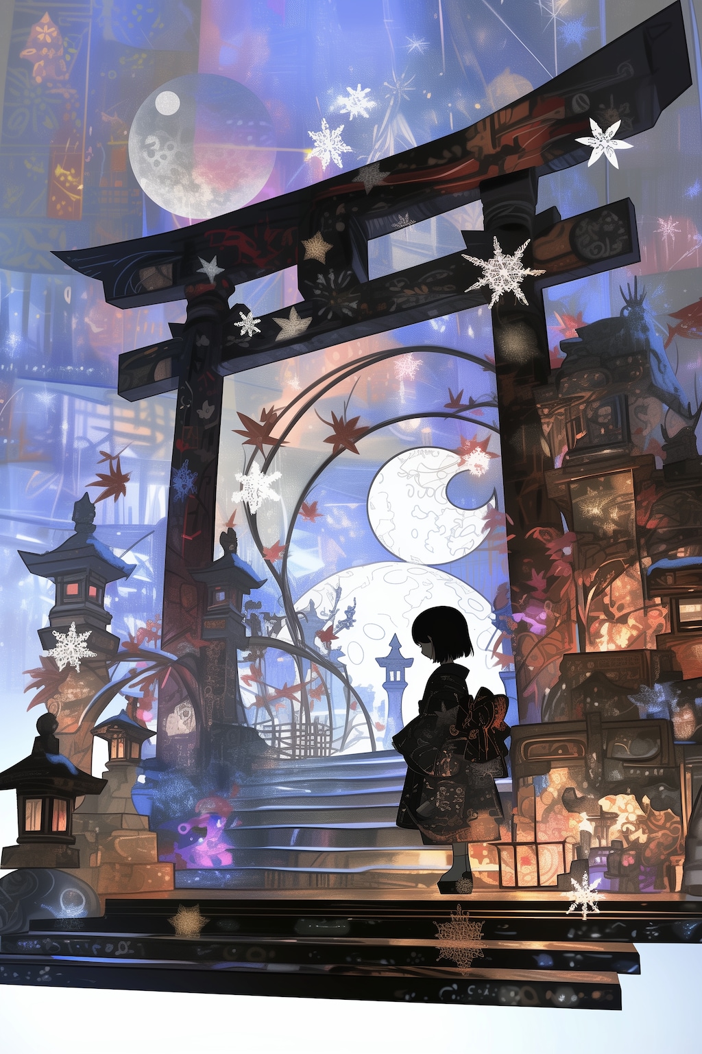 雪降る神社にて