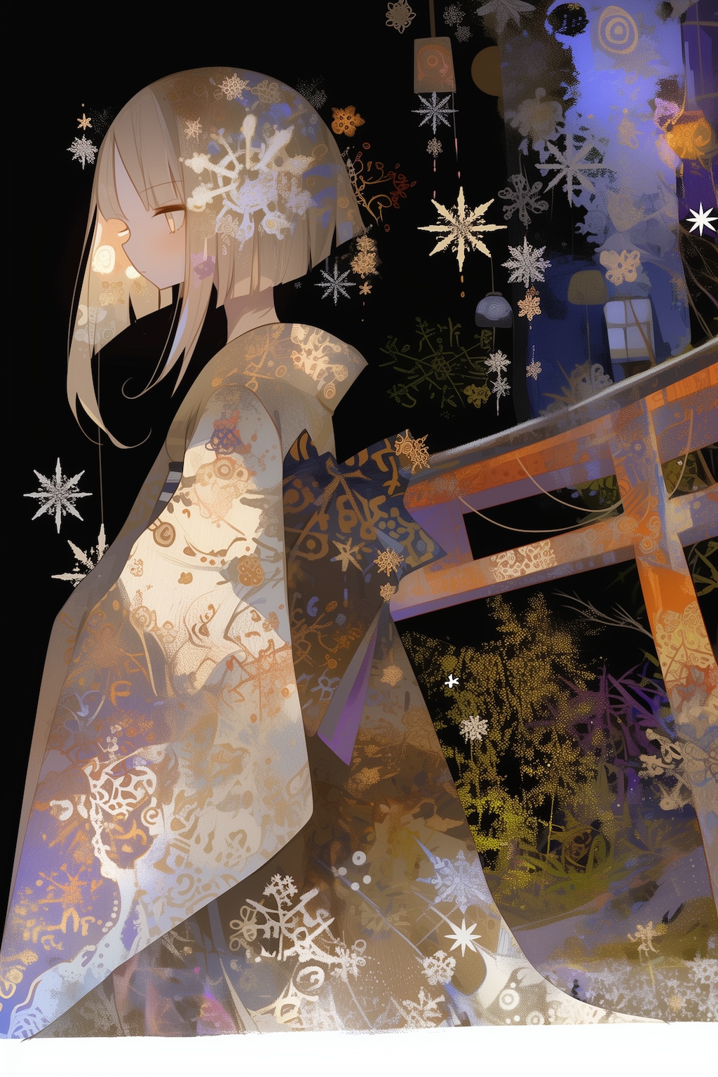 雪降る神社にて