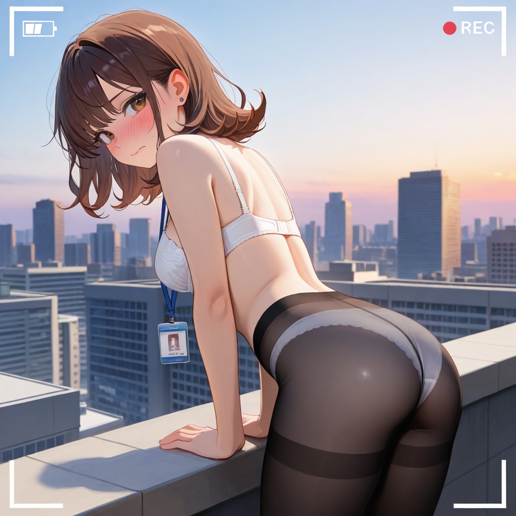 屋上で撮影されるOLさん