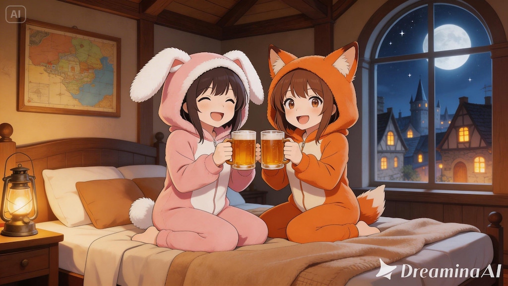 【All0407b】冒険者宿屋に泊まり、ベッドの上で今日の冒険の反省会（モデル: Seedream 5.0Lite）