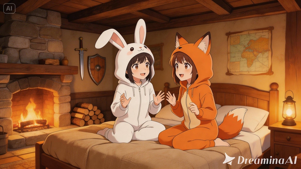 【All0407b】冒険者宿屋に泊まり、ベッドの上で今日の冒険の反省会（モデル: Seedream 5.0Lite）