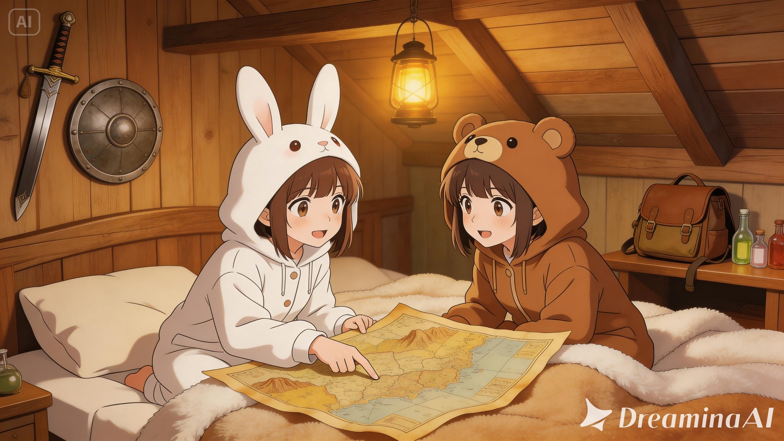 【All0407b】冒険者宿屋に泊まり、ベッドの上で今日の冒険の反省会（モデル: Seedream 5.0Lite） | の人気AIイラスト・グラビア