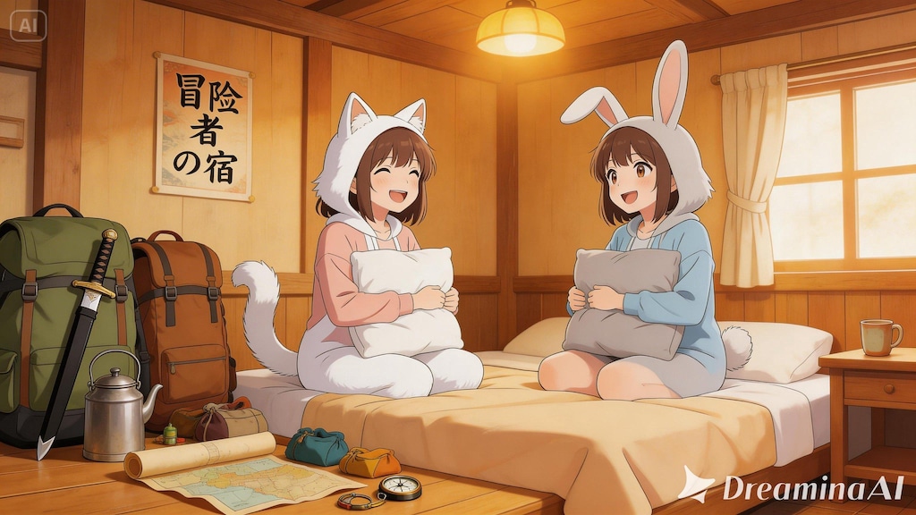 【All0407b】冒険者宿屋に泊まり、ベッドの上で今日の冒険の反省会（モデル: Seedream 5.0Lite）