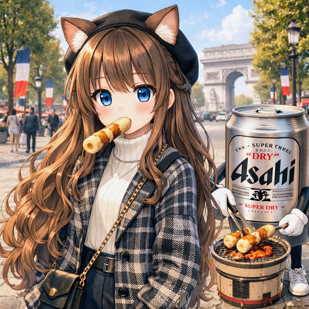 シャンゼリゼ通りで竹輪を咥えている小さな女の子