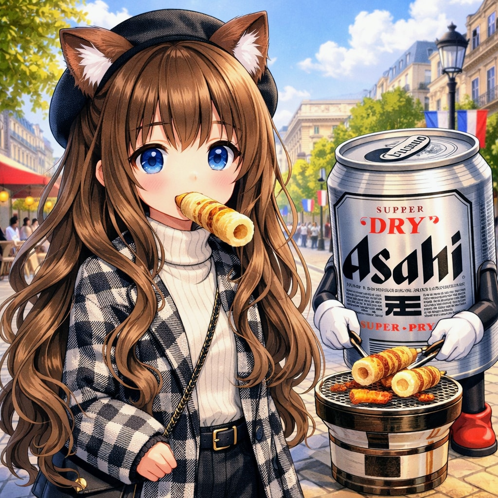 シャンゼリゼ通りで竹輪を咥えている小さな女の子