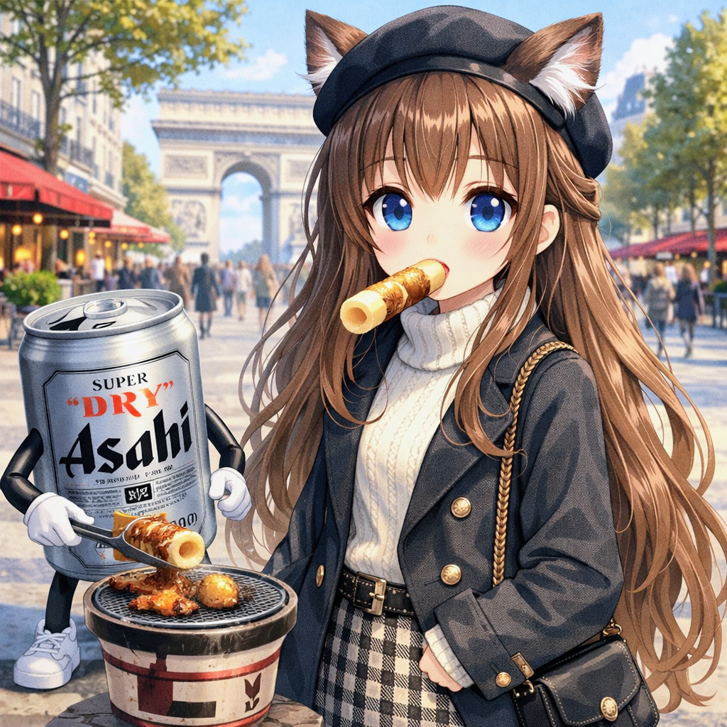 シャンゼリゼ通りで竹輪を咥えている小さな女の子