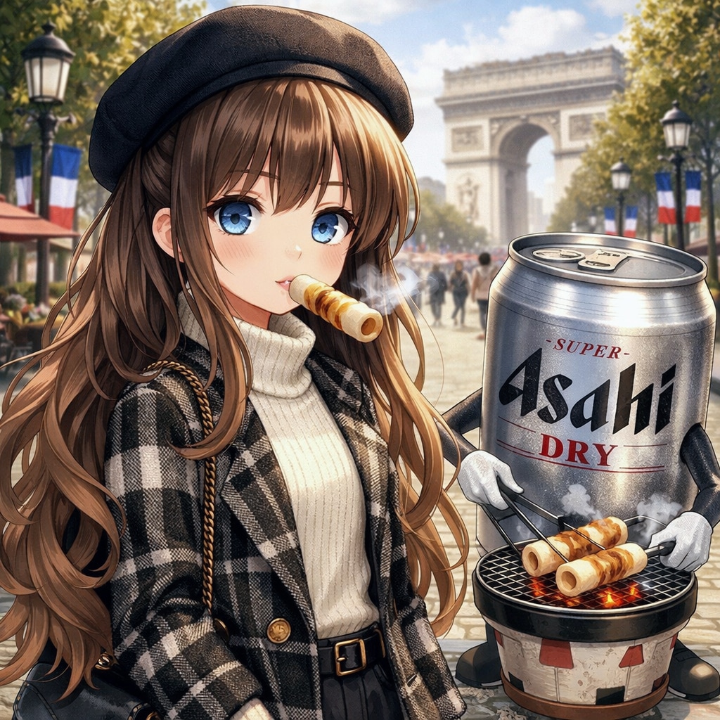 シャンゼリゼ通りで竹輪を咥えている小さな女の子