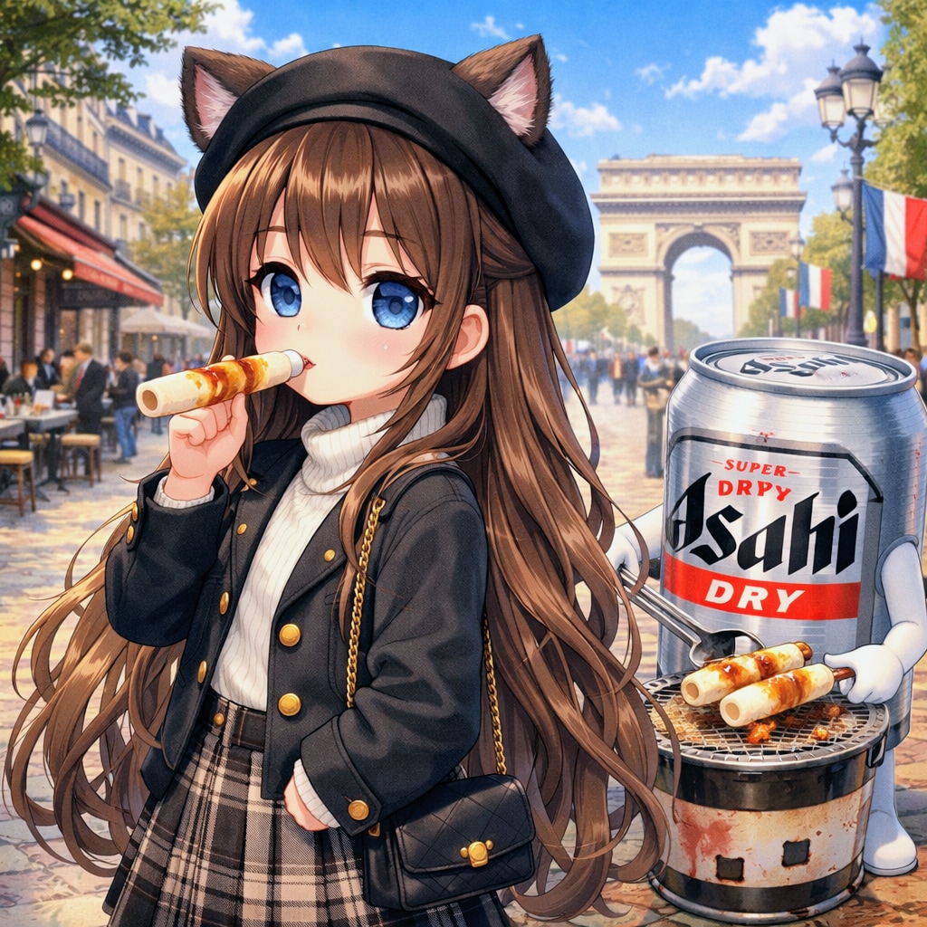 シャンゼリゼ通りで竹輪を咥えている小さな女の子