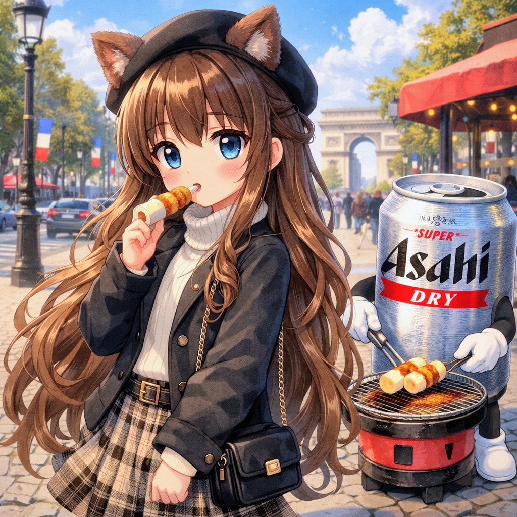 シャンゼリゼ通りで竹輪を咥えている小さな女の子