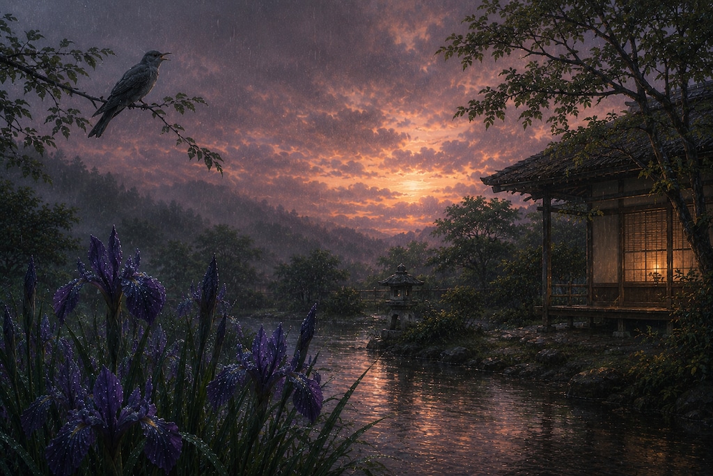 うちしめり　菖蒲（あやめ）ぞかをる　ほととぎす　鳴くや五月（さつき）の　雨の夕暮れ―「新古今和歌集」／藤原良経