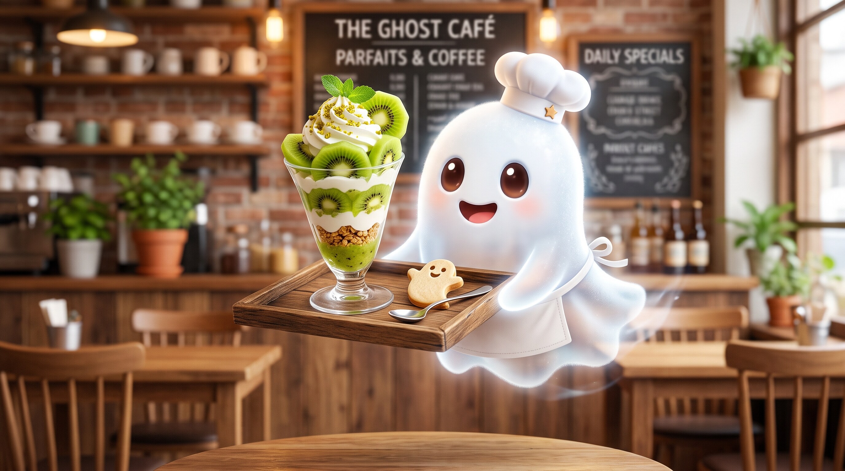 キウイパフェとサービスクッキーを運ぶお化けシェフ | の人気AIイラスト・グラビア