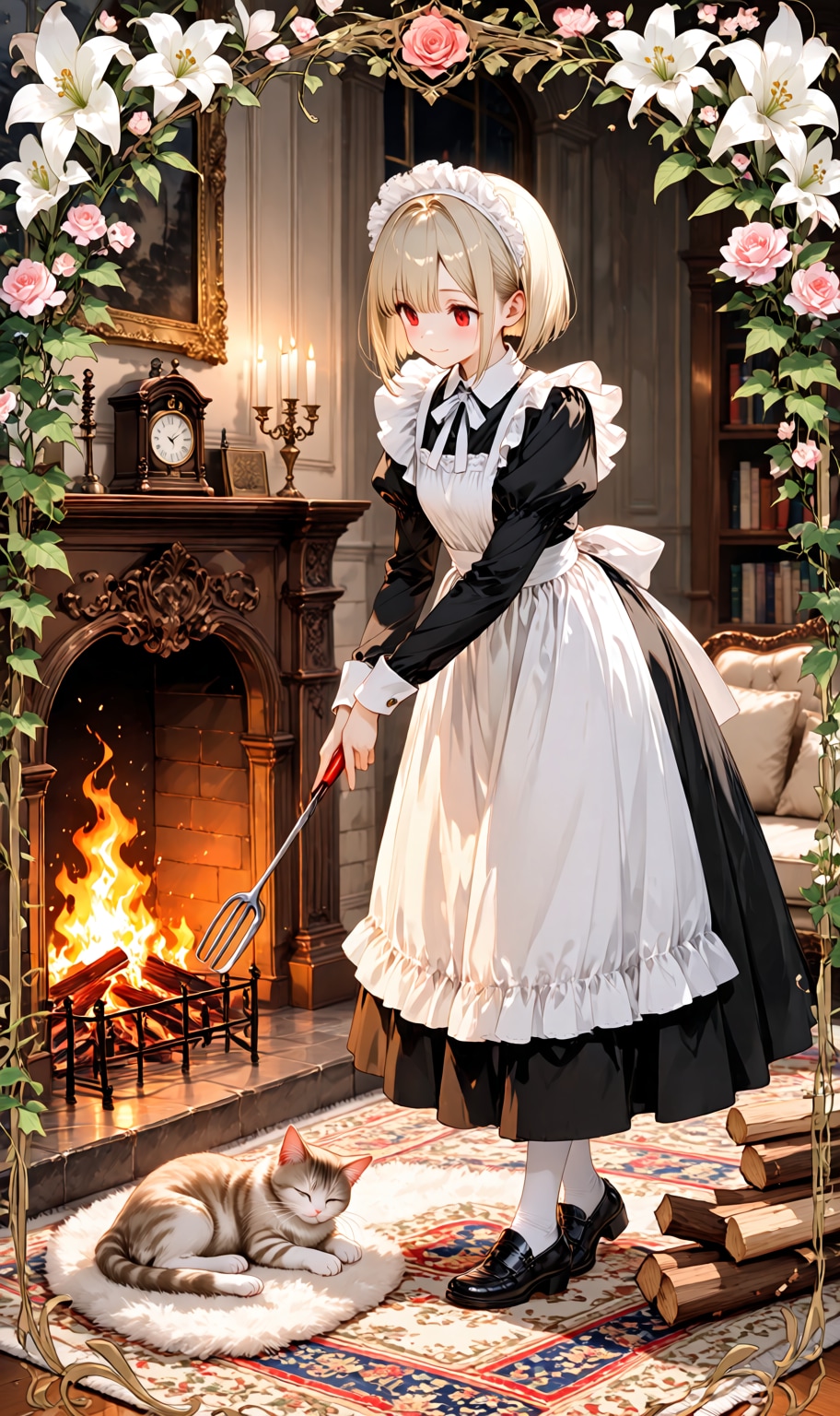 tending a cozy fireplace