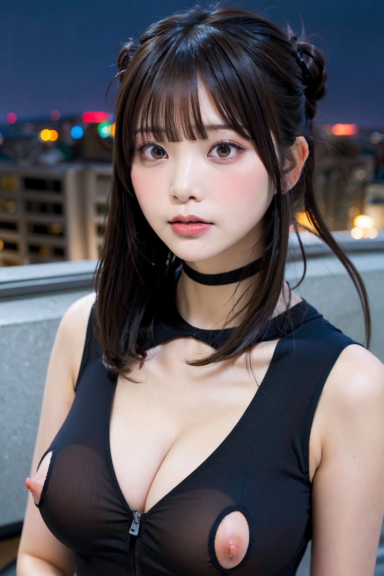 黒ボディースーツでポロリ