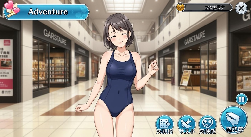 （ゲーム画面風）スク水彼女とスク水モールでデートする恋愛ゲーム♪