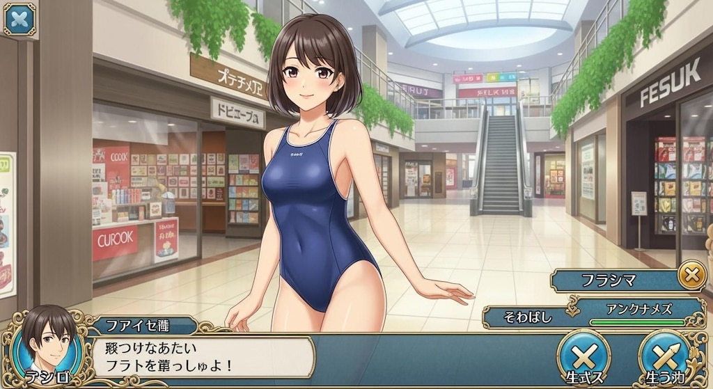 （ゲーム画面風）スク水彼女とスク水モールでデートする恋愛ゲーム♪