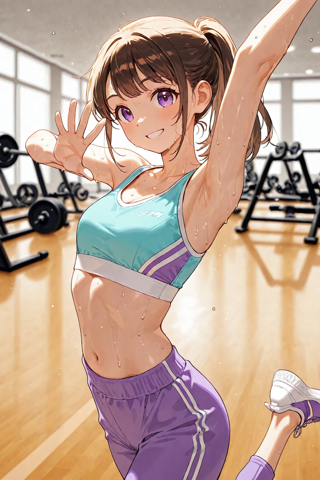 ジムでエクササイズポニーテールガール❤️