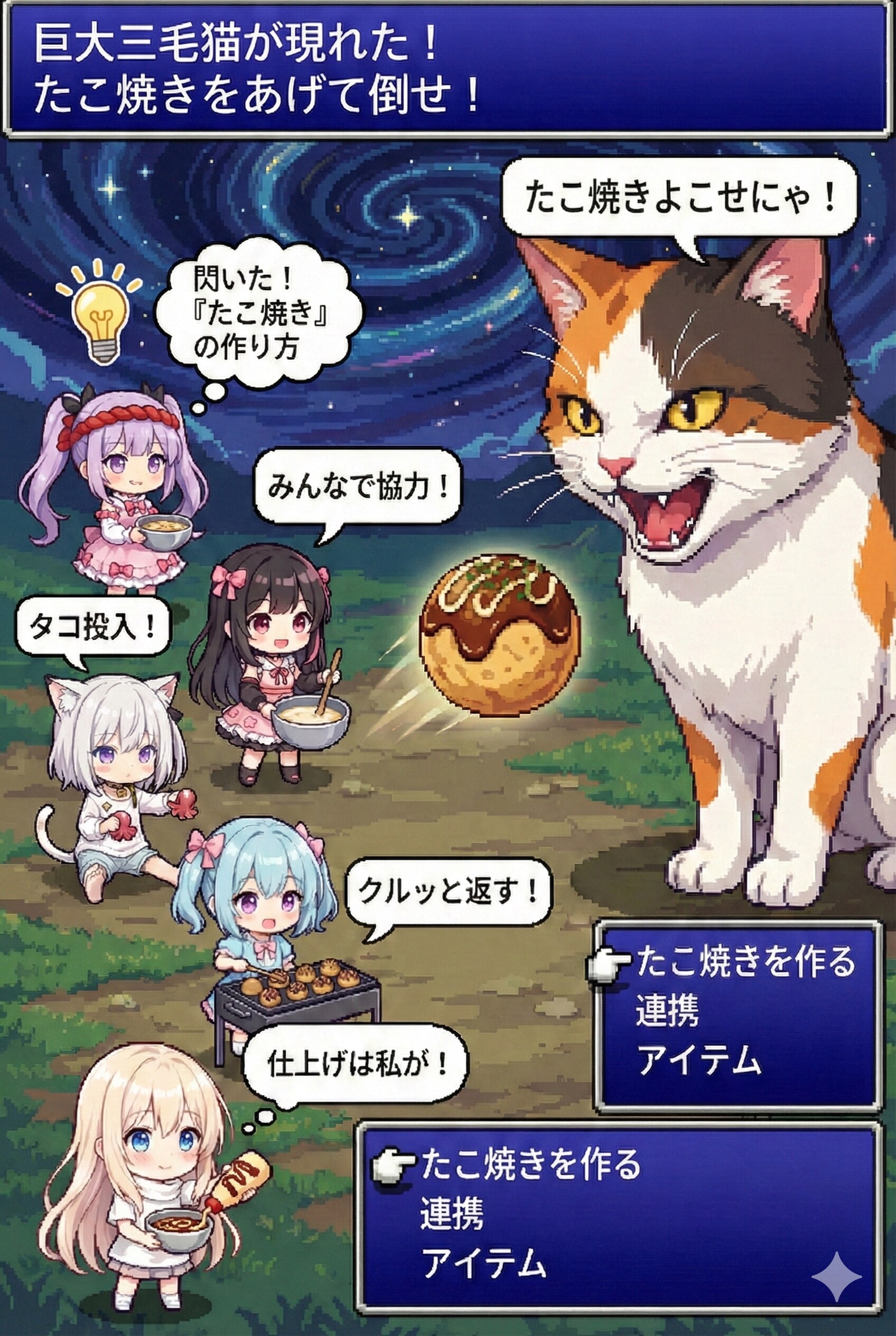 たこ焼き納品でクリア：巨大三毛猫を満足させろ | の人気AIイラスト・グラビア