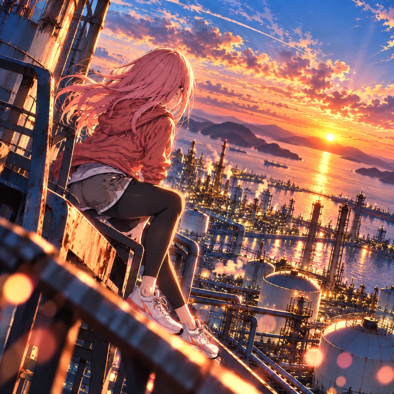 工場夜景に沈む、瀬戸内の夕日 | の人気AIイラスト・グラビア