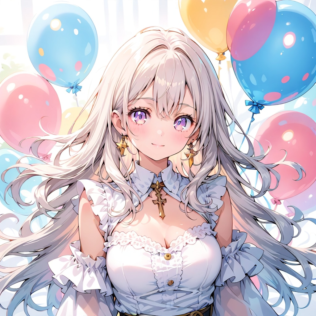 いっぱい色とりどりの風船を持つ白い髪ロングの白衣の服着た美女 | の人気AIイラスト・グラビア