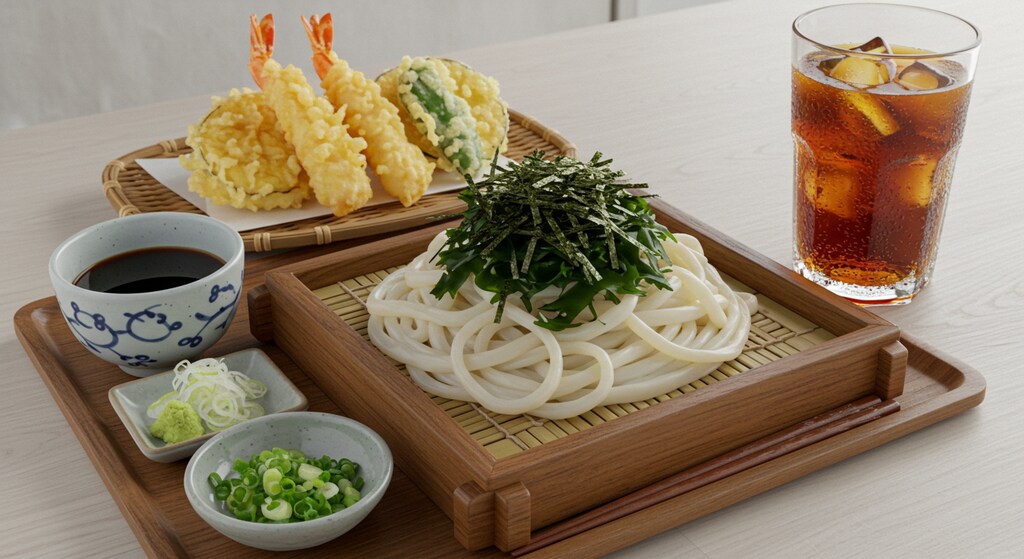 摩訶不思議食堂の冷やしうどんと天麩羅のセット