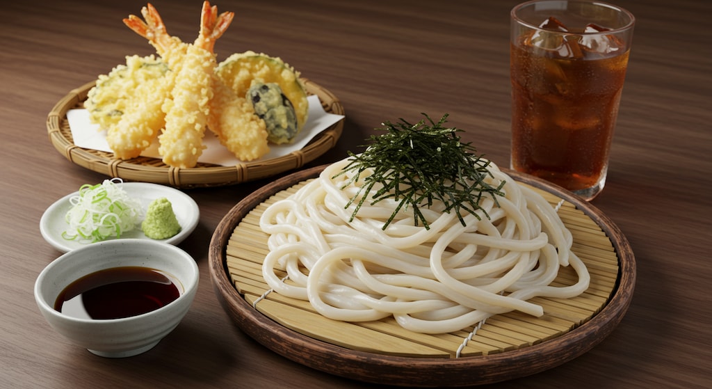 摩訶不思議食堂の冷やしうどんと天麩羅のセット