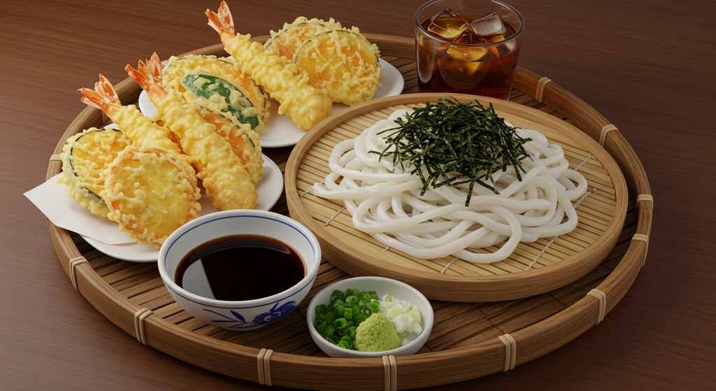 摩訶不思議食堂の冷やしうどんと天麩羅のセット