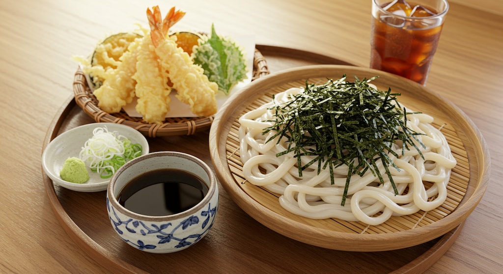 摩訶不思議食堂の冷やしうどんと天麩羅のセット