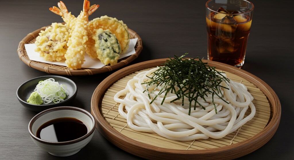 摩訶不思議食堂の冷やしうどんと天麩羅のセット