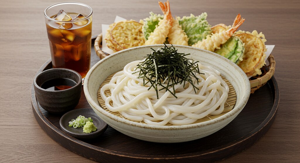 摩訶不思議食堂の冷やしうどんと天麩羅のセット