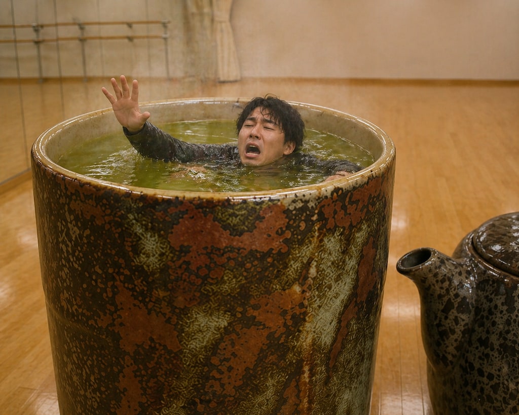 巨大湯呑みで男性が溺れかける