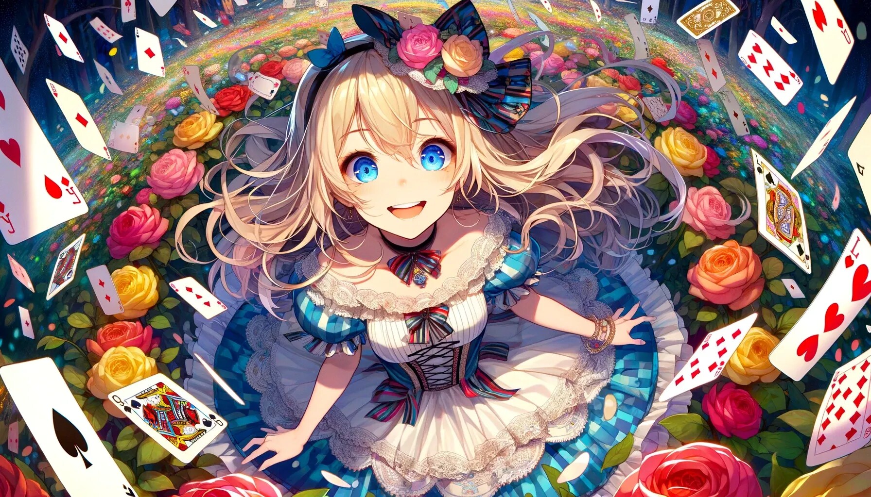 トランプとバラの花畑