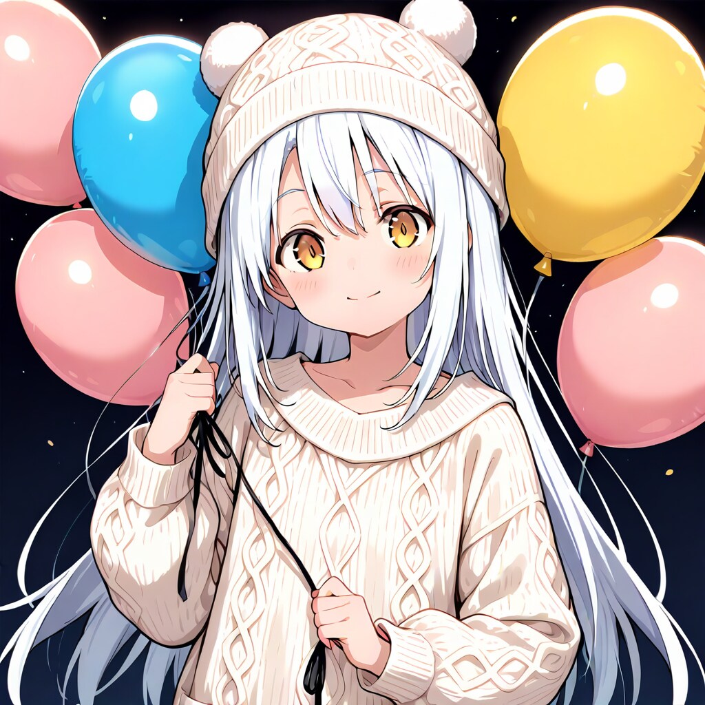 いっぱい風船を持つ白い髪ロングのニット帽付けた美女