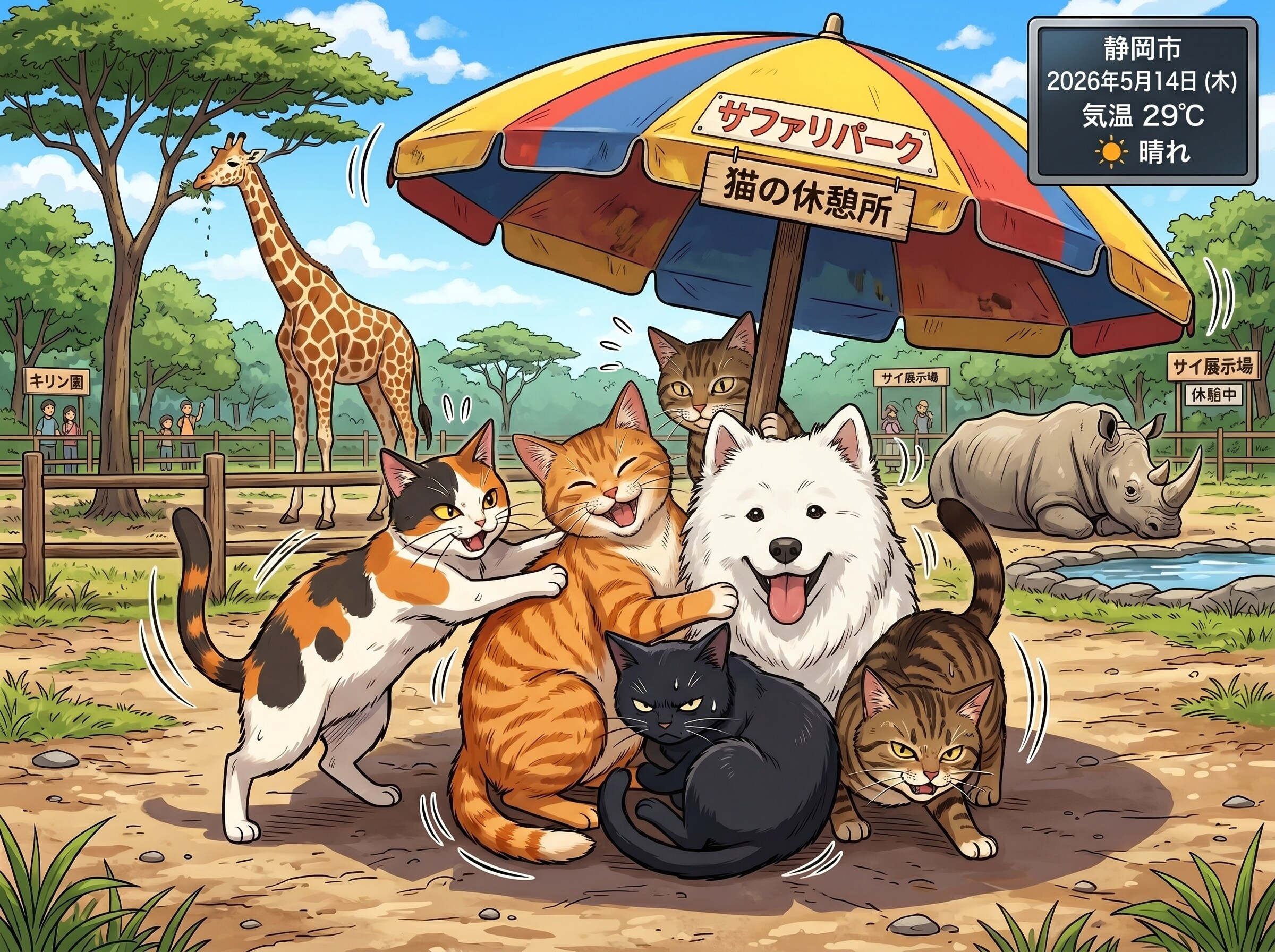 複数の猫がパラソルの下の日陰で熱を避けている, 26/05/14
