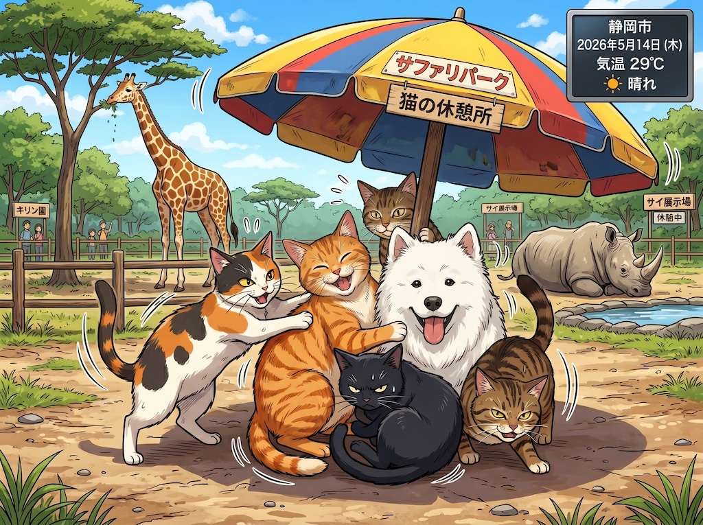 複数の猫がパラソルの下の日陰で熱を避けている, 26/05/14