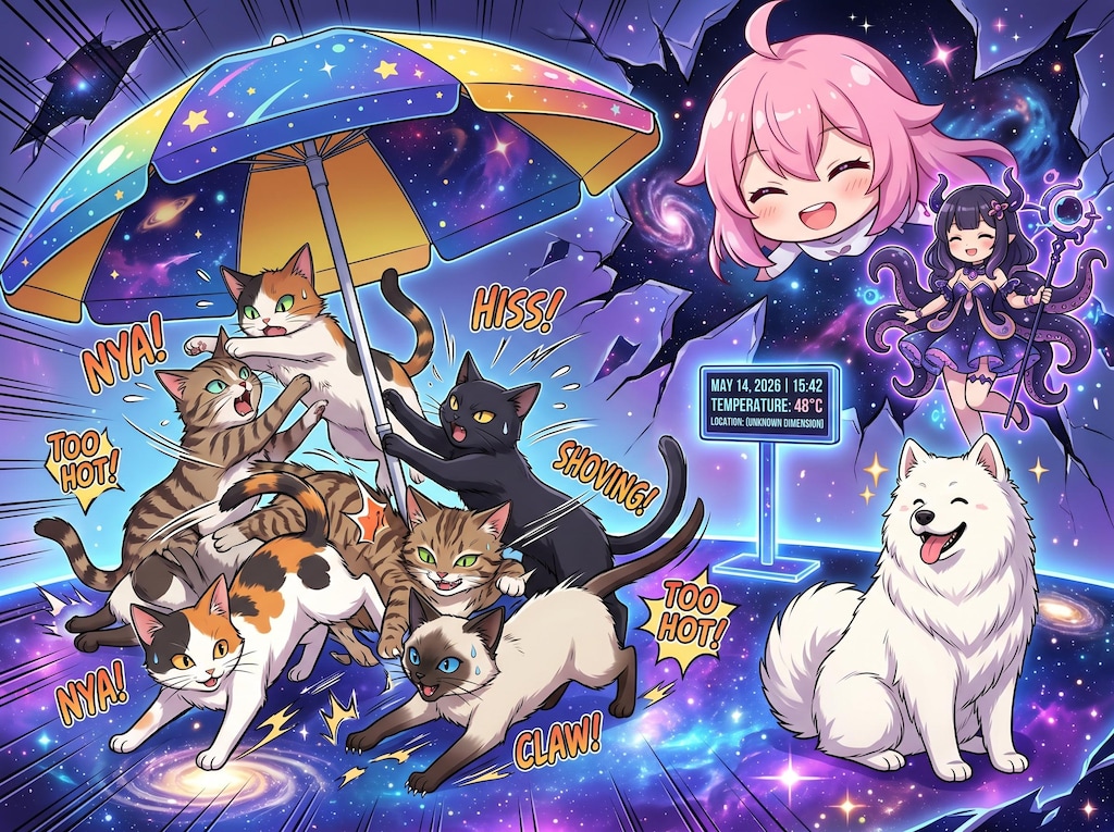 複数の猫がパラソルの下の日陰で熱を避けている, 26/05/14