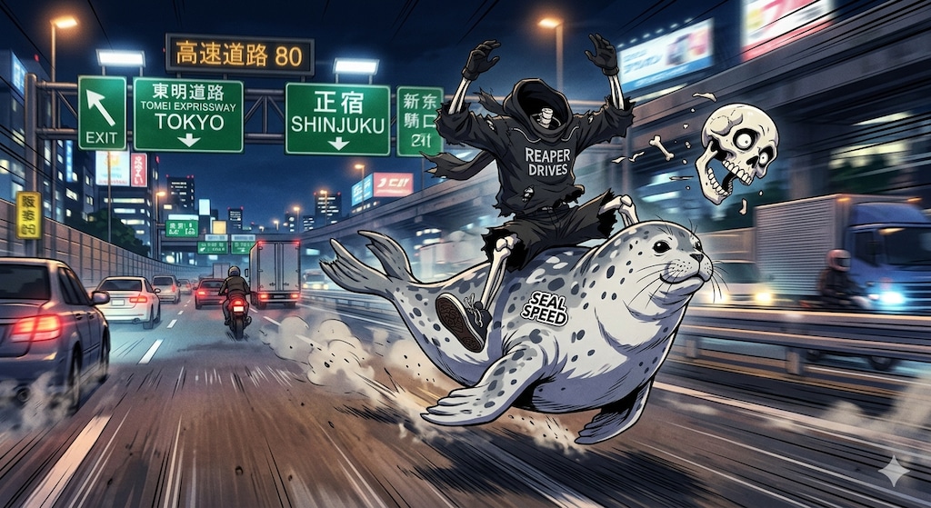 アザラシと頭部を落とすガイコツ