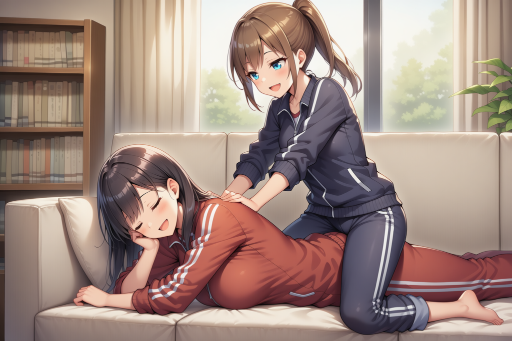 「あ～効くぅ～。私体固いからよく肩凝ってさ～。ありがとね、後輩ちゃん」 「先輩が喜ぶことならなんでも！それにしても先輩…本当に体固い…これはもう…ふふ…これは本気にほぐしてあげないとですね…」