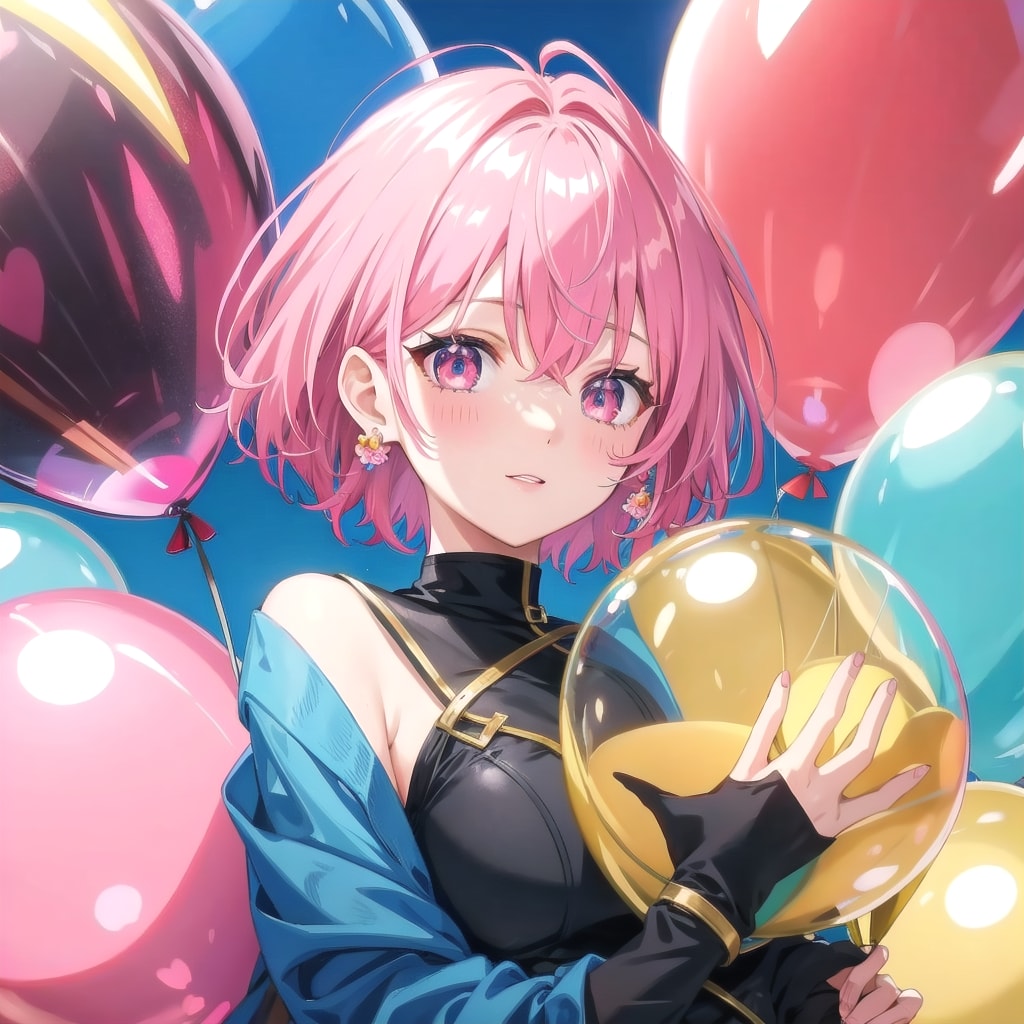 色とりどりの風船を持つピンク髪ショートカットの騎士の美女