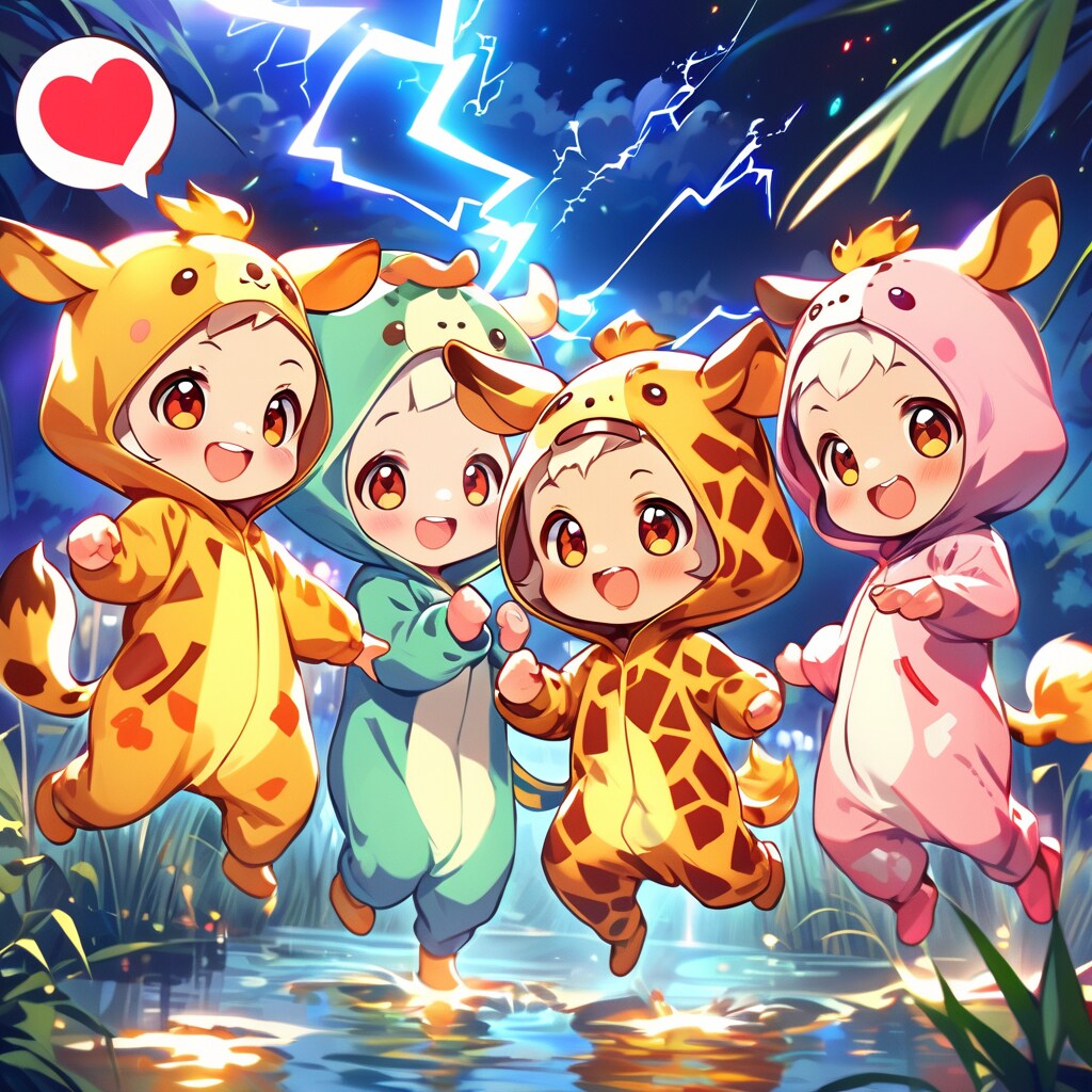 夜空の雷とキリン着ぐるみちび子ちゃん