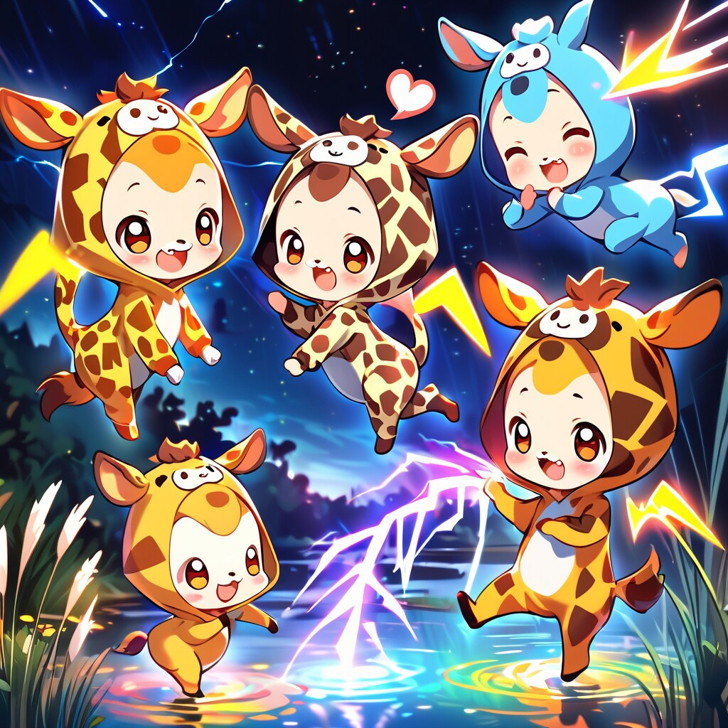 夜空の雷とキリン着ぐるみちび子ちゃん