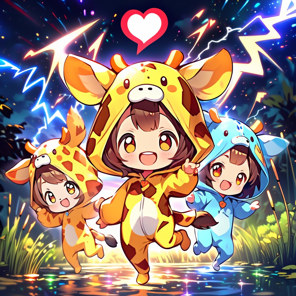 夜空の雷とキリン着ぐるみちび子ちゃん