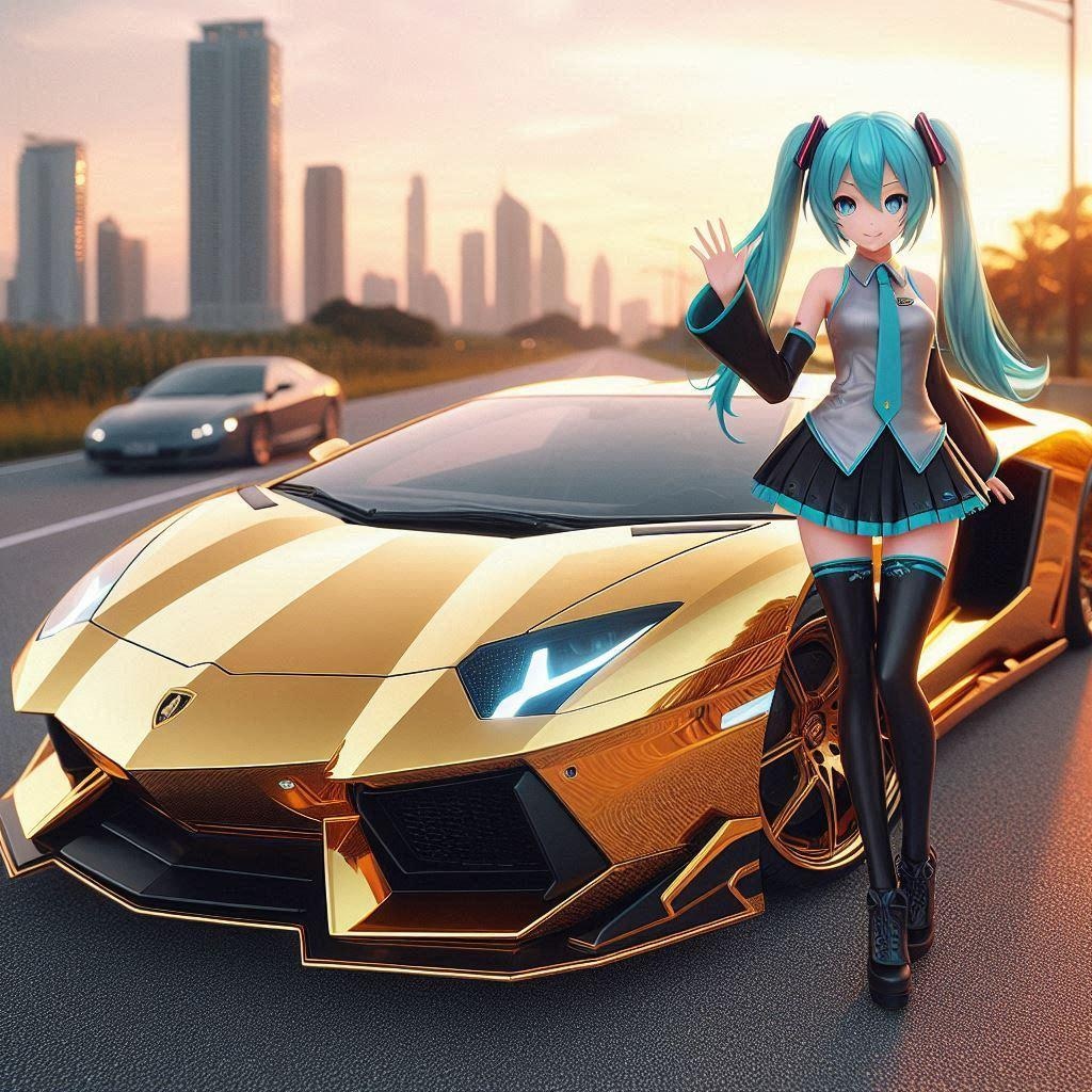 ゴールドカラーアヴェンタドールと初音ミク