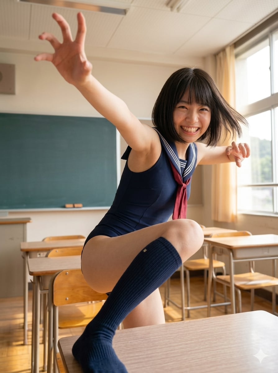セーラースク水×ハイソックスの神コスで全力ガォー！！二人きりの教室で、こんな姿見せるなんてズルい！！心を開いてくれた無邪気なJKの、机の上で全開ではしゃぐ姿が可愛すぎて破壊力が無限大！！