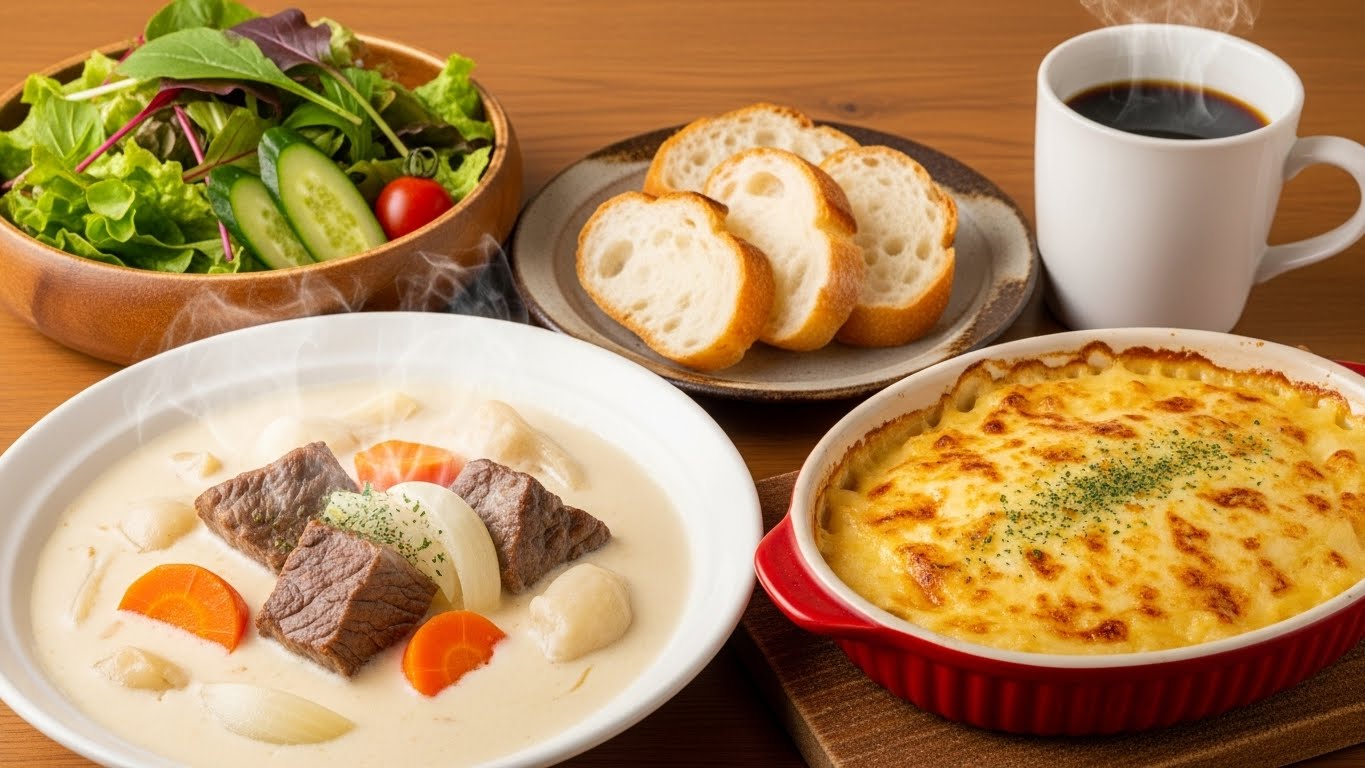 摩訶不思議食堂のホワイトクリームシチューとグラタンのセット | の人気AIイラスト・グラビア