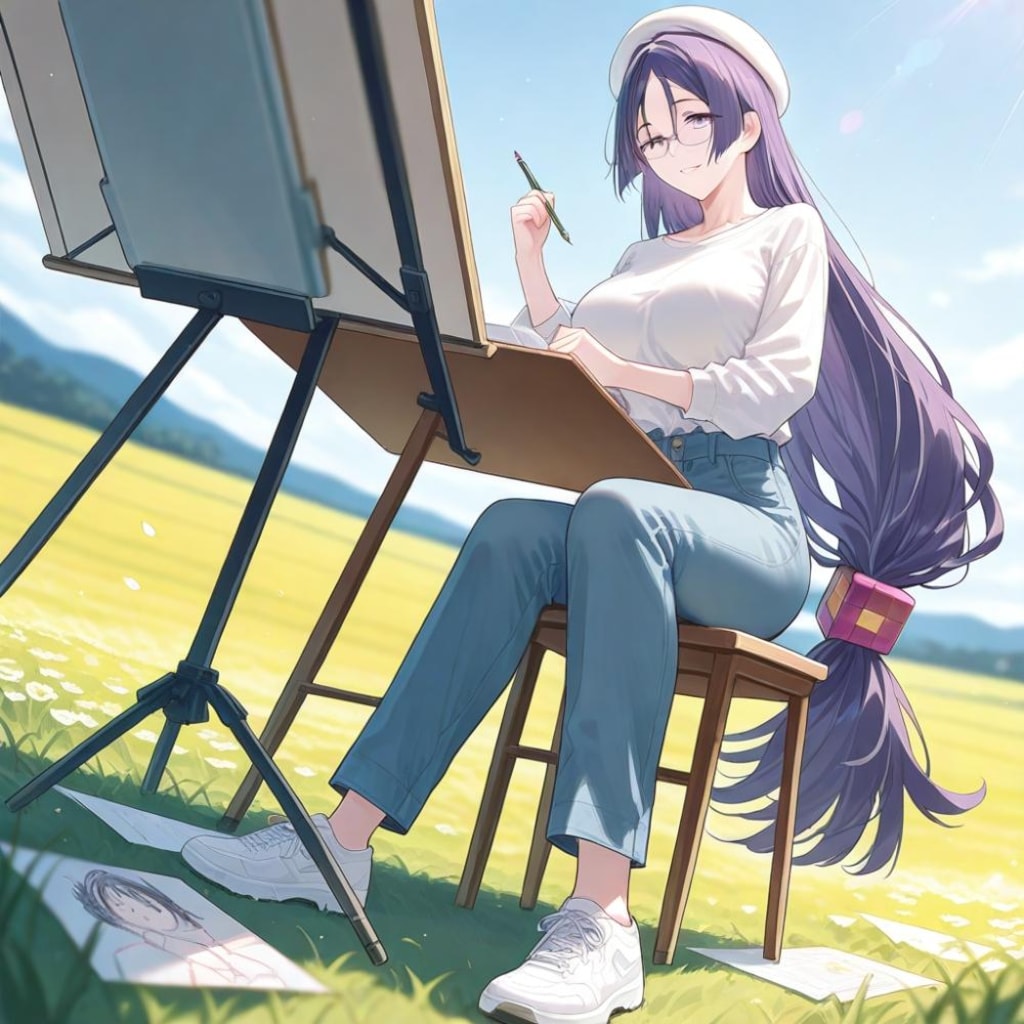 鉛筆画風、鉛筆で絵を描く画家コスプレ人妻達