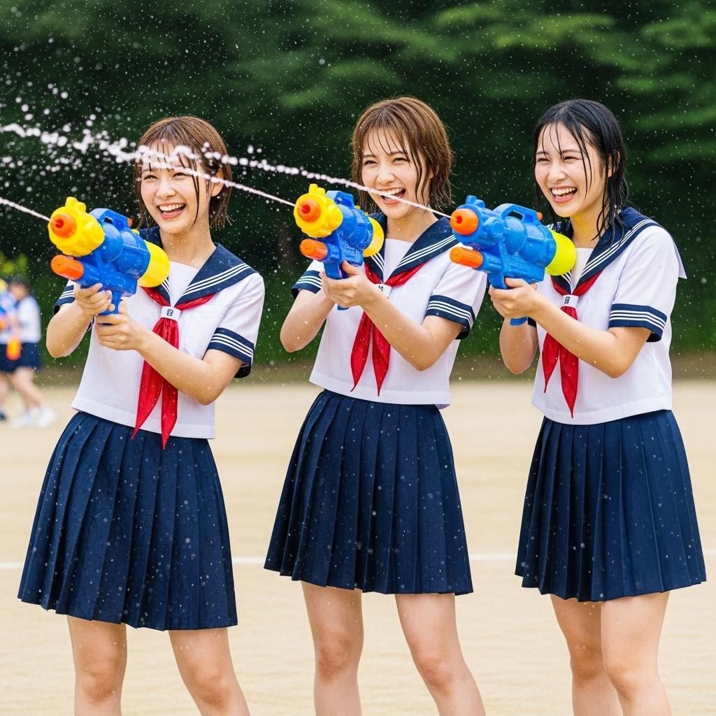 ウォーターガンで水遊び（校庭で）