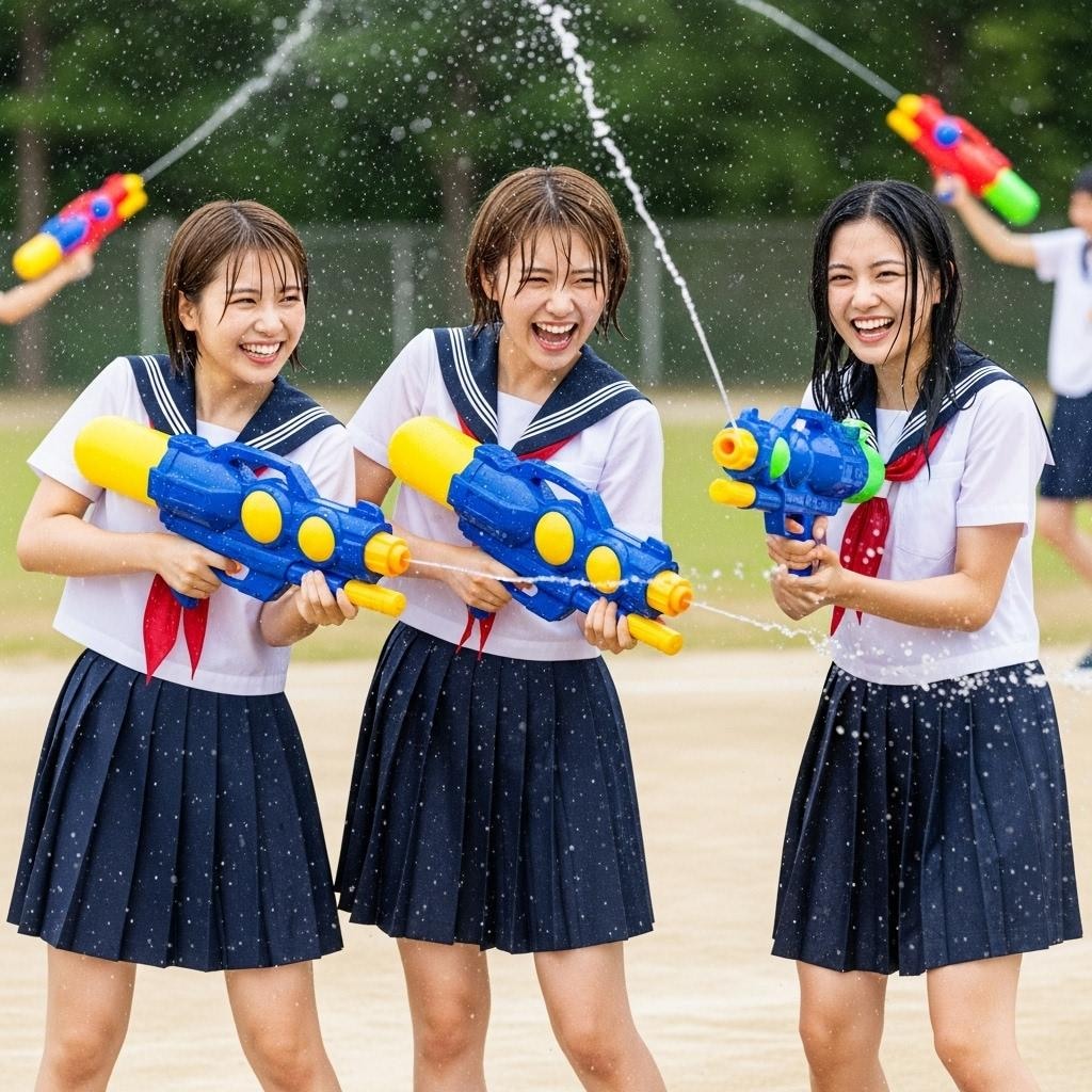 ウォーターガンで水遊び（校庭で）