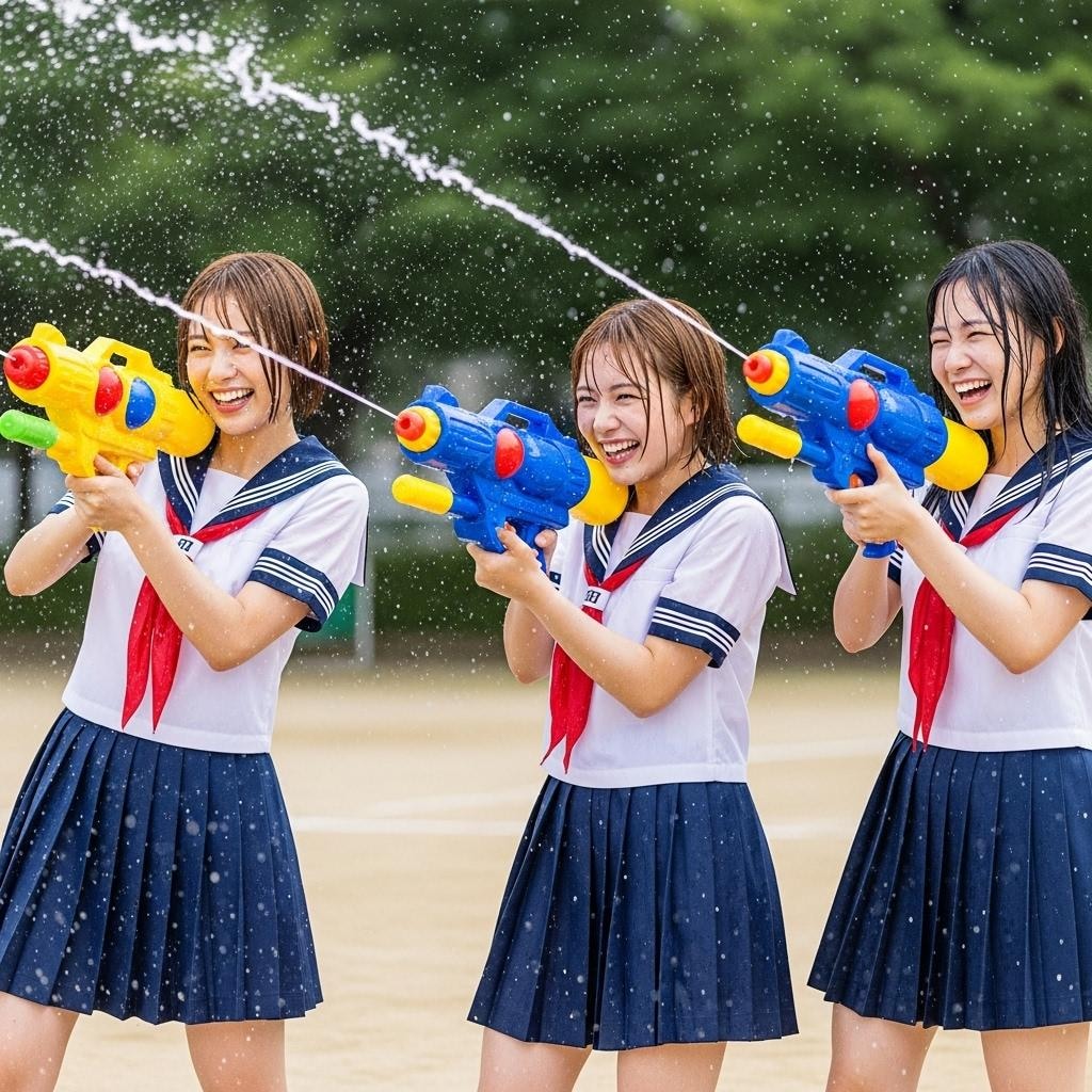 ウォーターガンで水遊び（校庭で）