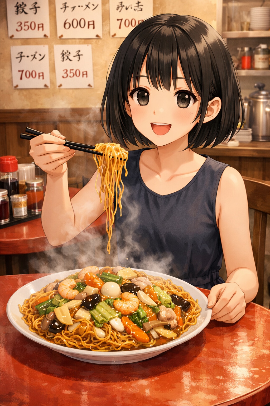 あんかけかた焼きそばを食べている女の子