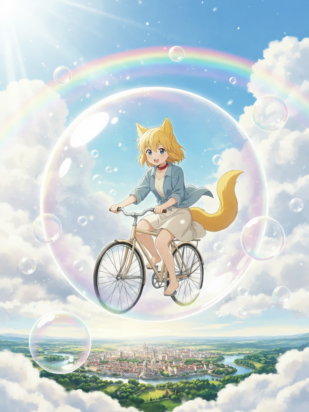 ペダルを漕くと体を覆うほどの大きなシャボン玉が自分の周りの空間に展開される自転車に乗って風の向くままに空を散歩していたら下界には見たことのない街…